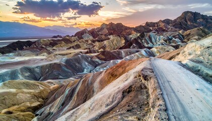 Desert landscape with colorful, layered rock formations under a vibrant sunset sky
