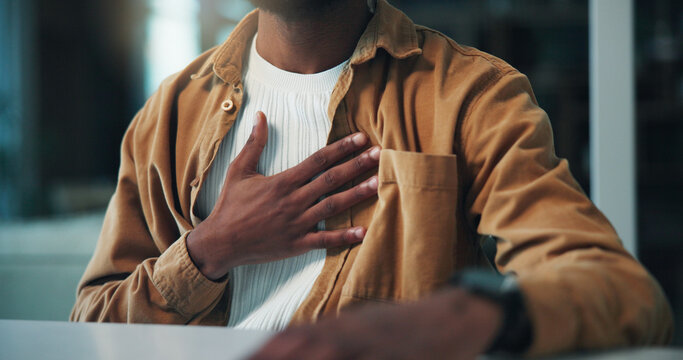 Business, hands and man in office, chest pain and sick with allergy reaction, burnout and pneumonia. Person, heart health and employee in workplace, respiratory infection and bronchitis with asthma