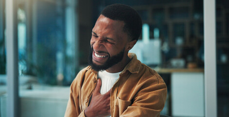 Black man, stress and chest pain with remote work from home, breathing and heart attack. African person, ache and freelance writer with asthma, frustrated and burnout with cardiac arrest at apartment