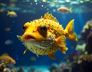 A vibrant yellow puffer fish swims in clear, blue underwater environment