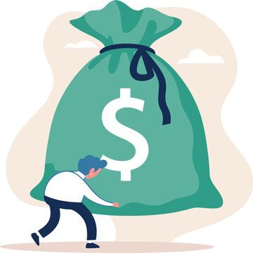 Businessman bent over by huge money bag