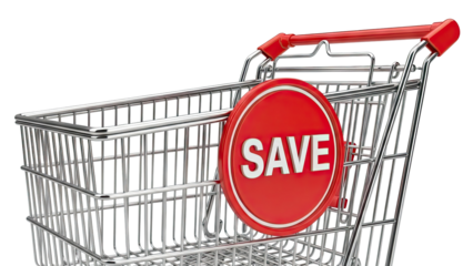 Shopping Cart with Red "SAVE" Emblem