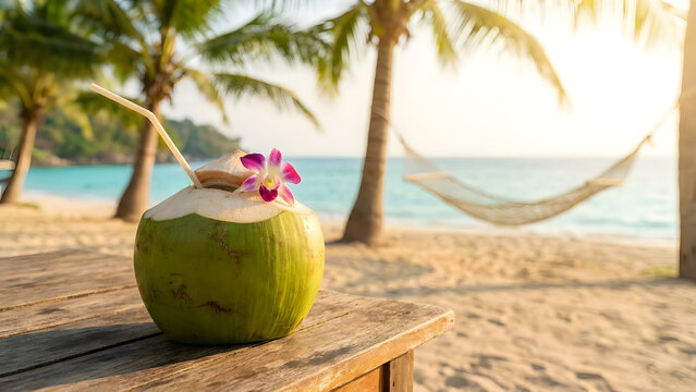 Exotic fresh young coconut water drink at sunset on tropical beach vacation