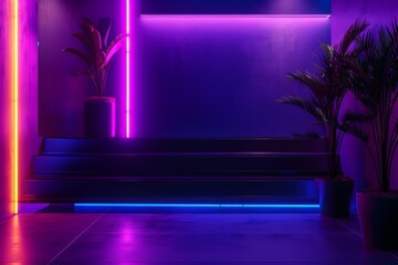 A stage platform with purple and blue neon strip lights on the walls, background wallpaper, gamer, aesthetic, stage HD