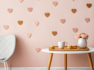 Cozy Romantic Interior with Pink Wall, Wooden Heart Decorations, Macarons and Coffee on Side Table