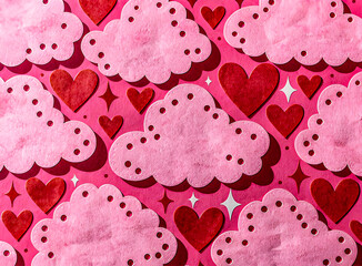 Dreamy Pink Cloud Hearts with Red Velvet Hearts and Sparkles on Hot Pink Background