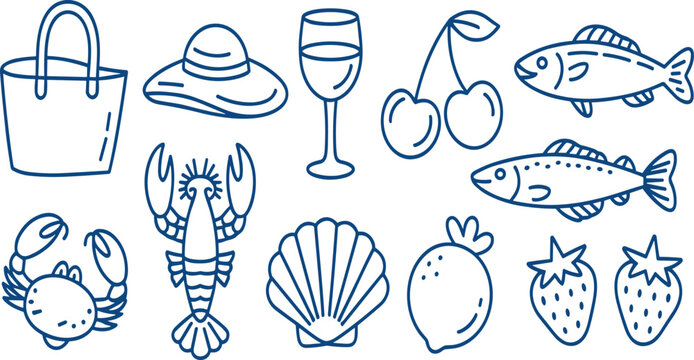 Summer vacation line art vector set featuring beach bag, sun hat, wine glass, cherries, fish, lobster, crab, seashell, lemon, and strawberries icons.
