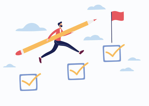 Cartoon businessman with pencil jumping on checkbox to others checkbox toward goal with red flag. Checklist to success business concept.