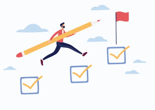 Cartoon businessman with pencil jumping on checkbox to others checkbox toward goal with red flag. Checklist to success business concept.