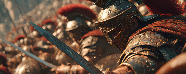 Ancient roman warriors on the battlefield, Roman Empire army at war, generated ai