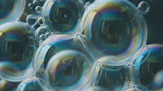 Macro shot of iridescent soap bubbles floating in the air, creating a mesmerizing effect.