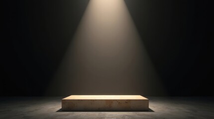 Empty wooden pedestal illuminated by a single spotlight in a dark room