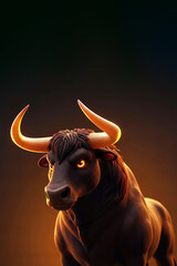 Bull with Glowing Eyes and Fiery Horns in Dramatic Orange Atmosphere, Dark Fantasy Illustration. Copy space, Vertical 2:3

