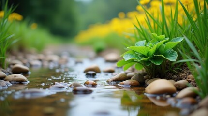 Close up of a shallow stream flowing through pebbles and green plants with yellow flowers in background