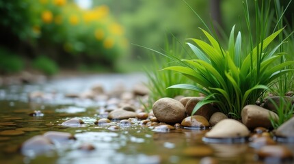 Close up of a shallow stream flowing through pebbles and green plants with yellow flowers in background