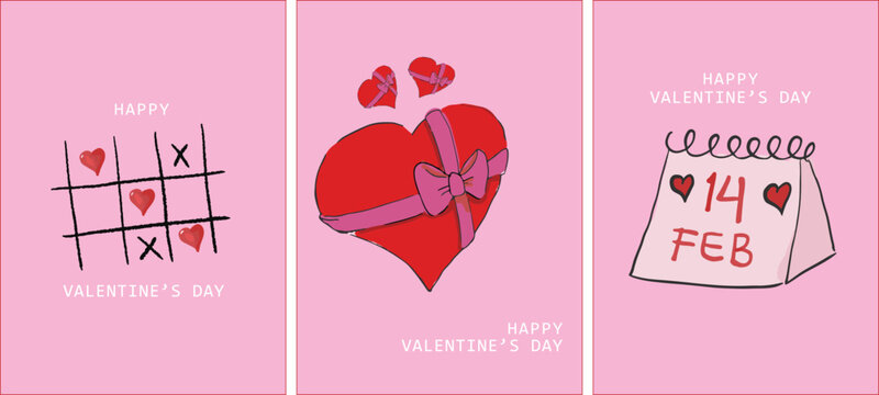 Happy Valentines Day cards in trendy hand drawn style with heart with ribbon, hearts tic tac toe, and valentine's day calendar. Template for ads, branding, banner, cover, label, poster