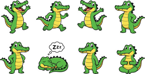 Cute cartoon crocodile character set with multiple poses expressions for kids mascot game sticker vector illustration design collection bundle pack © Yeasin