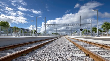 Obraz premium Scenic View of Train Tracks Converging Under a Blue Sky with White Clouds and Modern Station Features