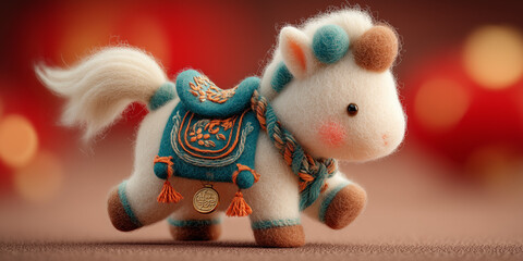 Cute handcrafted felt horse toy with decorative saddle on backdrop  