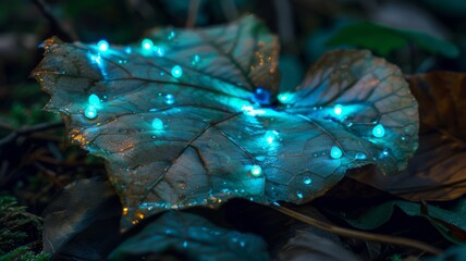 Mystical Close up of a Leaf with Glowing Blue Dew Drops in an Enchanted Dark Forest Setting