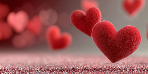 Red hearts floating in bokeh background for love and romance  