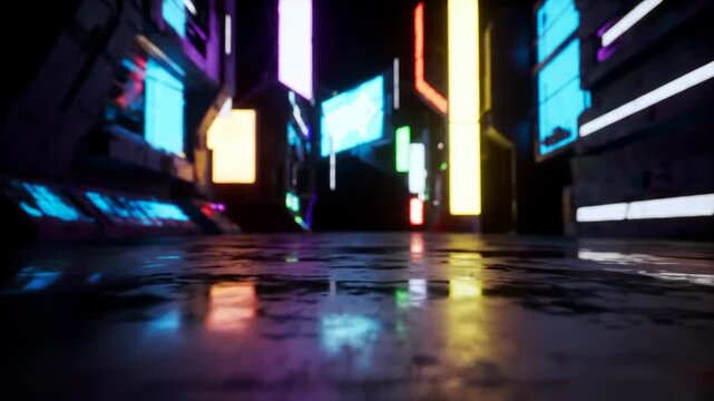 Futuristic city street with neon lights reflecting on wet pavement at night.
