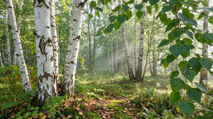 Beautiful birch trees in a foggy forest with sunlight filtering through the leaves