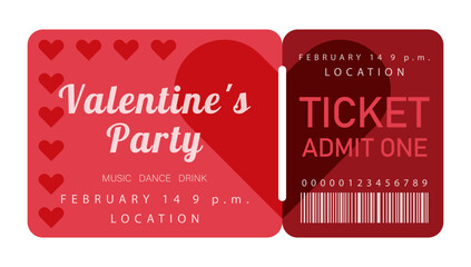 Valentine's Day party event ticket template with heart. Design layout for invitations, promotions, marketing materials for clubs, bars, or romantic celebrations. Hand drawn vector illustration.