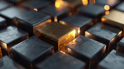 An eye-level shot featuring a golden cube among many grey cubes, symbolizing uniqueness and standing out from the crowd