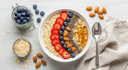 Delicious healthy breakfast bowl with fresh fruits and nuts on table