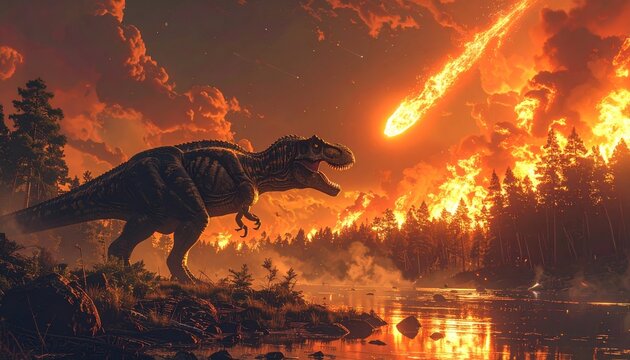 A prehistoric 3d render of an extinct Tyrannosaurus Rex monster roaming a big ancient desert landscape in this Cretaceous nature illustration