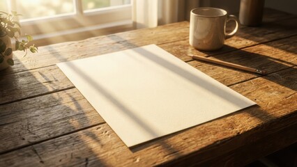 Blank paper sheet lying on a clean desk with soft morning sunlight