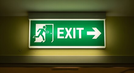 Illuminated green exit sign indicating emergency evacuation route.