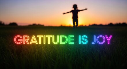 Child's Silhouette Embracing Joyful Gratitude at Sunset