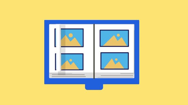 Animated photo album with page flipping motion. Smooth transition effect. Memory slideshow concept. Dynamic presentation scene.