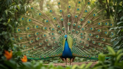 Peacock displaying its vibrant and colorful feathers in a natural environment. Exotic bird symbolizing beauty, elegance, and wildlife diversity. Suitable for nature, wildlife, and decorative concepts