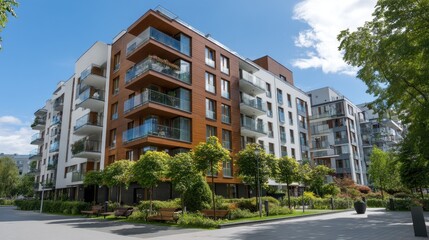 Obraz premium Modern Residential Building Complex in Urban Environment with Green Landscaping and Clear Blue Sky