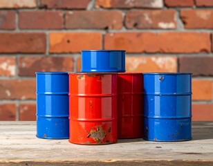 Obraz premium Small, colorful metal barrels with rust, against a brick wall background, resting on wooden planks