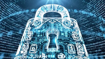 A futuristic, glowing blue bell with intricate circuitry and a keyhole at its center, set against a backdrop of digital code