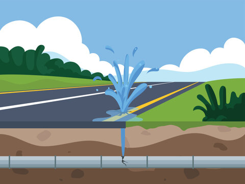 Underground pipe breakthrough and leak, road and soil layer, sewer accident