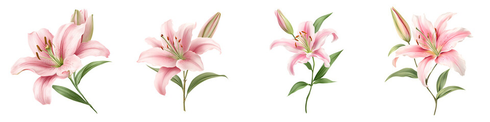 Pink Lilies: Floral Watercolor Set on White Background