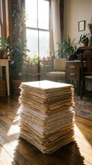Vertical shot of stacked paper sheets in a bright and sunny room