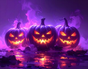 Spooky scene of three grinning jack-o'-lanterns with purple fog