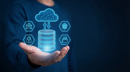 Person holds glowing cloud data storage and security icons in a dark digital spa