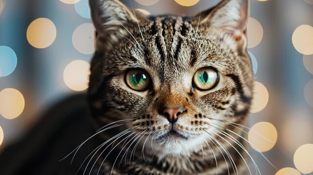 Closeup of a tabby cat with green eyes