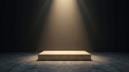 Empty wooden pedestal illuminated by a single spotlight in a dark room