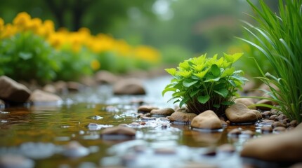 Close up of a shallow stream flowing through pebbles and green plants with yellow flowers in background