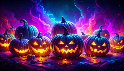 Spooky scene with glowing jack-o'-lanterns against a swirling nebula