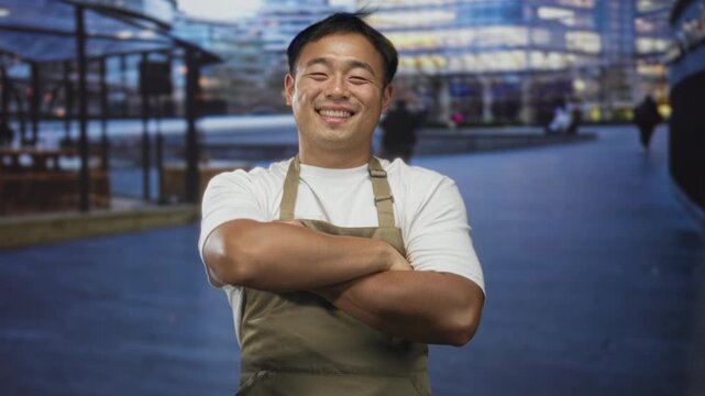 Young chinese man wearing apron crossing arms on street in city center while smiling broadly; confidence.
