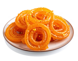 A plate of sweet Jalebi with sticky syrup, golden color, isolated on white background
